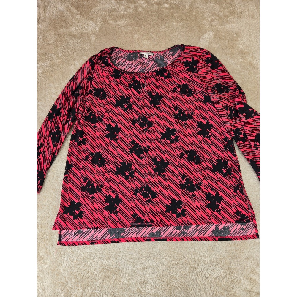Dana Buchman Womens XL Pink Black Abstract Floral Stripe Long Sleeve Blouse Top